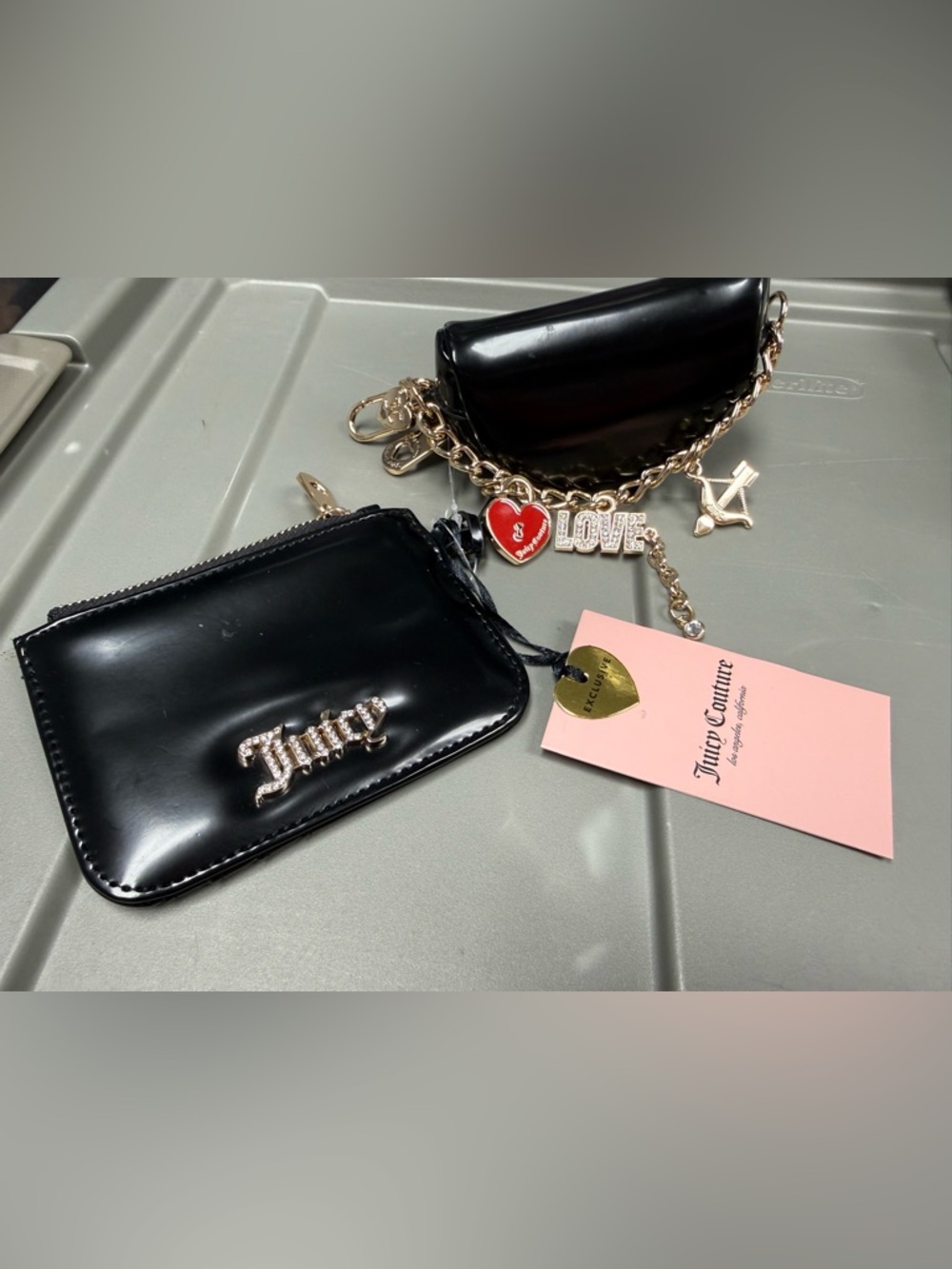 Juicy Couture gold charm chain credit card holder zip coin pouch detachable new